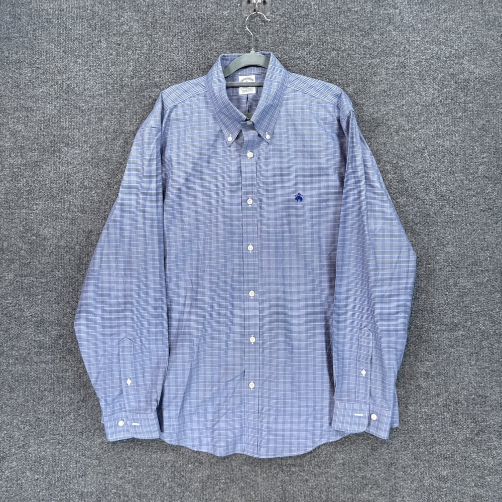 Brooks Brothers Button Down Shirt Mens XL Blue Plaid Regent Fit Non Iron Stretch